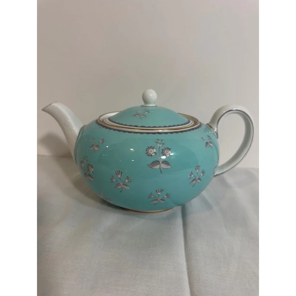 Wedgwood Pimpernel Teapot Turquoise Blue Grey Floral Bone China W3766 England
